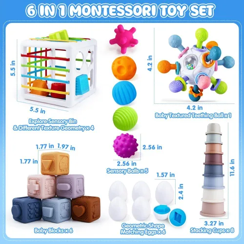 Miniatura 6 de Juguetes 6 en 1 para bebés de 6 a 12 meses, juguete Montessori para niños de 1 año, juguete de dentición para bebés, apilar tazas, cubo sensorial