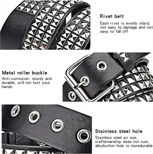 Miniatura 5 de Cinturón negro con tachuelas punk rock remache cinturón con ojales y pirámide de metal brillante para mujeres y hombres
