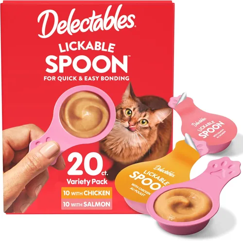 Delectables Golosinas para lamer con cuchara de mano para gatos hechas con pollo y salmón reales, puré cremoso rápido y fácil, sin desorden, sin