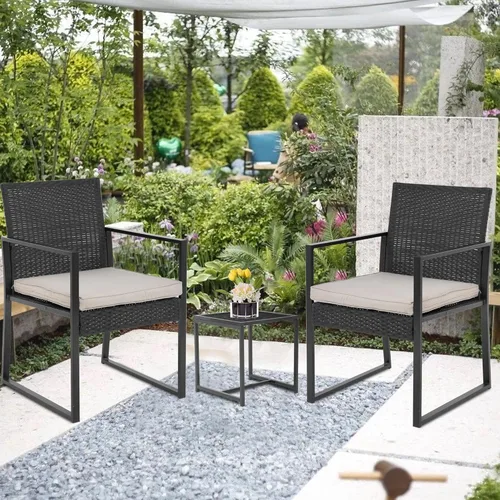 Miniatura 5 de Juego de 3 piezas de bistró para exteriores, mecedora de mimbre, juegos de conversación de ratán, muebles de patio para patio trasero, porche, Caqui