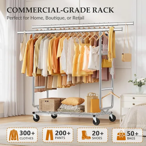 Miniatura 16 de Gewudraw Estante de ropa resistente con carga de 900 libras, estante comercial de doble barra con ruedas y estantes resistentes, estante colgante