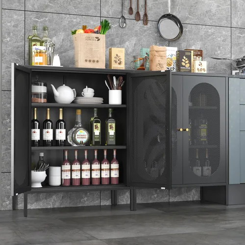 Miniatura 6 de Armario de almacenamiento de metal con 2 puertas de malla para sala de estar, hogar, hotel, oficina, garaje, cocina, 3 niveles, 2 estantes Negro