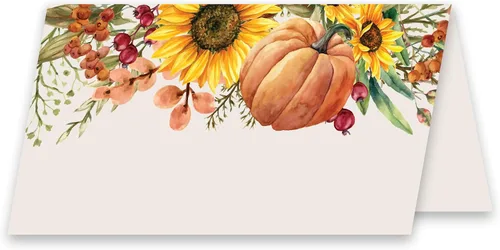 Koko Paper Co Tarjetas de lugar de Acción de Gracias con calabaza y girasoles (50 unidades) | 50 tarjetas de nombre estilo tienda de campaña |