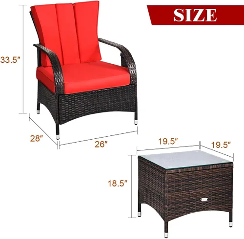 Miniatura 4 de Tangkula Juego de 3 piezas para conversación de patio, juego de muebles de mimbre para exteriores, mesa de centro de ratán y sillas con cojines