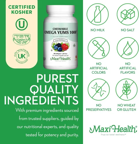 Miniatura 4 de Maxi Health Omega Yums 1000 - Apto para niños, sabor afrutado, 110 cápsulas de cápsula blanda, Kosher