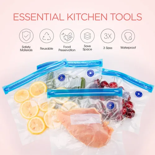 Miniatura 2 de VOYOR Bolsas selladoras al vacío reutilizables para almacenamiento de alimentos, 3 tamaños y cantidades, compatibles con selladores al vacío de mano