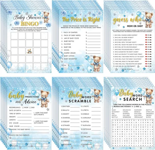 Jetec Juego de 302 piezas para baby shower con temática de oso, 6 juegos que incluyen sopa de letras de baby shower, búsqueda de palabras,