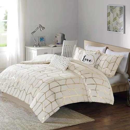 Intelligent Design Raina King/Cal King - Juego de edredón de microfibra suave, juego de cama geométrico metálico moderno, 5 piezas de ropa de cama