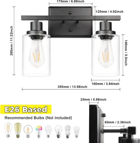Miniatura 7 de Ascher 2 luces de pared, lámpara de tocador moderna con acabado negro, luz de pared con pantalla de vidrio transparente para espejo, pasillo