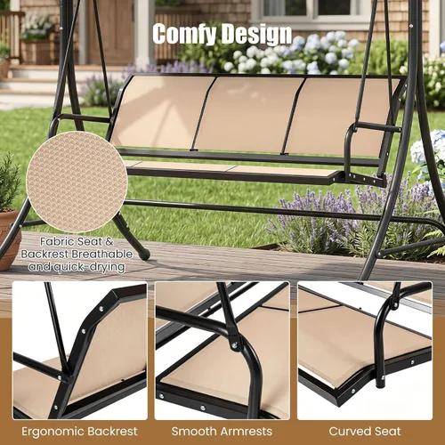 Miniatura 7 de Tangkula 3 Person Porch Swing, Patio Swing with Adjustable Canopy, Heavy-Duty Frame, Breathable Fabric, Outdoor Swing for Porch, Garden, Backyard