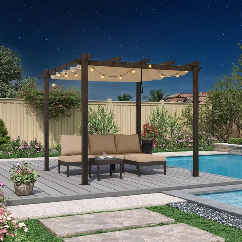 Miniatura 29 de PURPLE LEAF Pérgola Retráctil de 10' x 13' para Exteriores de Aluminio Blanco con Toldo de Sombra para Patio Refugio Moderno Marrón para Jardín