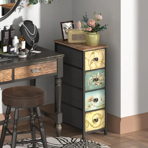 Miniatura 2 de Tohomeor Cómoda de Almacenamiento Estrecha Cómoda Delgada con Cajones de Tela de Flores Retro Armario Vertical Delgado para Espacios Pequeños, Baño
