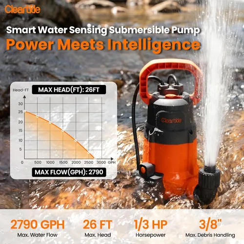 Miniatura 2 de Cleartide Bomba sumergible de 1/3 HP, 2790 GPH de alto flujo, bomba de sumidero portátil con sensor de agua automático, ideal para sótano y patio