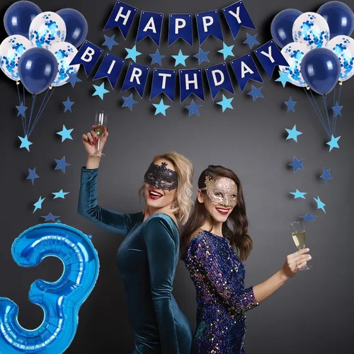 Miniatura 5 de Decoraciones de fiesta de cumpleaños azul número 12 para niños y niñas, suministros de globos de feliz cumpleaños 12 con pancarta de feliz Azul-a-31