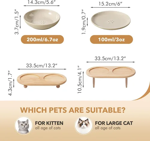 Miniatura 2 de Havniva Cuencos elevados de cerámica para gatos de 5.6 pulgadas con soporte aptos para bigotes, juego de cuencos de comida y agua para gatos con dos