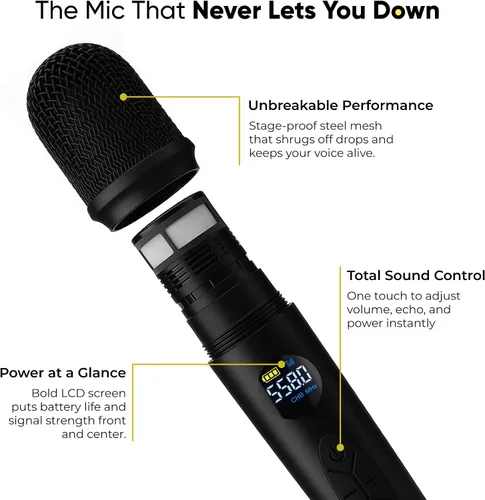 Miniatura 5 de Sistema de Micrófono Inalámbrico Bowens – Micrófono Inalámbrico para Karaoke con Receptor, Control de Eco, Pantalla LCD, Carga USB-C, Adaptador