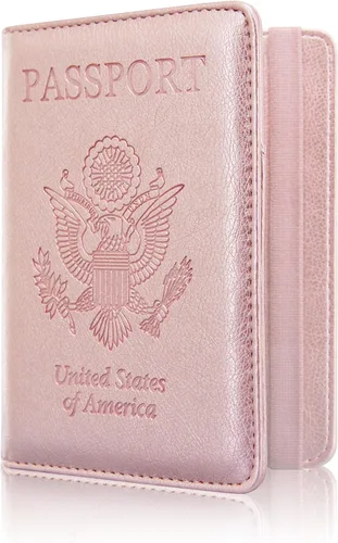 ACdream - Funda para pasaporte, billetera o cartera de viaje de piel con bloqueo RFID para pasaporte con cierre de banda elástica, Ab-oro rosa),