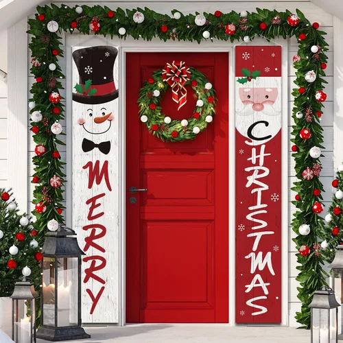 Tatuo Cartel de Navidad para puerta, decoración de Navidad, Papá Noel, muñeco de nieve, porche, pancartas colgantes de Navidad para el hogar,