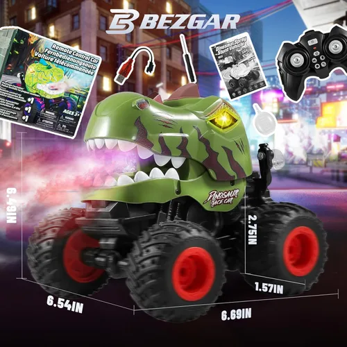 Miniatura 3 de BEZGAR Juguetes de Camiones Monstruo - Camión Monstruo de Control Remoto con Aspersión, Luz, Música, Juguetes de Dinosaurios para Niños, Camión RC a