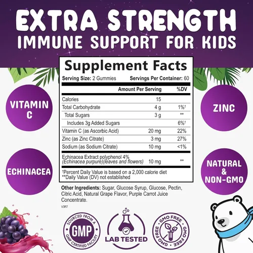 Miniatura 2 de Gomitas de apoyo inmunológico para niños, vitamina C, zinc y equinácea Suplemento diario de gomitas para niños de 4 años en adelante, Vitamina C