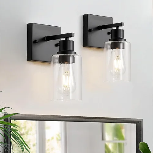Miniatura 10 de Lámparas de tocador de baño de 3 luces, apliques de pared negro mate con pantallas de vidrio transparente, iluminación de pared moderna de granja