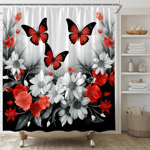 Miniatura 9 de Cortina de ducha de flores y mariposas, flores de flores, primavera, naturaleza, fantasía, jardín, tela para el hogar, juego de decoración de baño
