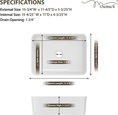 Miniatura 5 de Fregadero rectangular de 16 pulgadas de ancho x 12 pulgadas de profundidad sobre el mostrador, fregadero moderno de cerámica de porcelana blanca