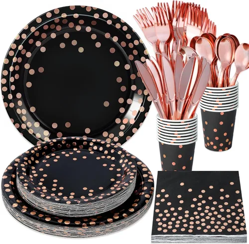 175 piezas de suministros de fiesta de color negro y oro rosa, lunares de oro rosa en platos de papel negro, servilletas y vasos, juegos de vajilla