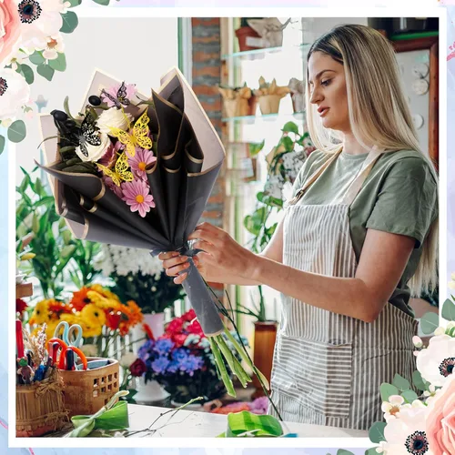 Miniatura 5 de Qilery 243 piezas de papel de regalo para ramo de flores, impermeable, suministros de floristería con decoración de mariposas, coronas, cintas