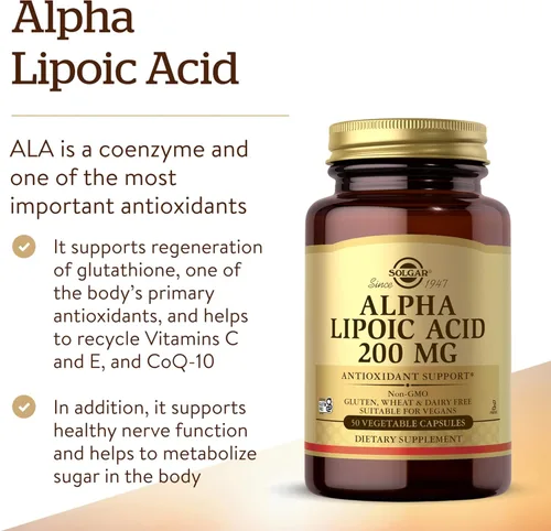 Miniatura 3 de Solgar Ácido alfa lipoico de 200 mg, 50 cápsulas vegetales, soporte antioxidante, ayuda a reciclar glutatión, vitamina C y E, CoQ-10, sin OMG