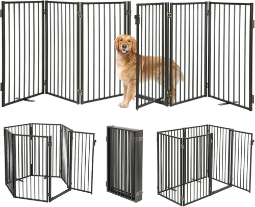Miniatura 11 de Puertas de metal independientes para perros con puerta para interiores y exteriores, 80 pulgadas, extra ancho, 32 pulgadas de alto, puerta Blanco