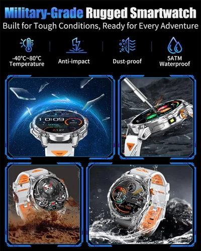 Miniatura 5 de Relojes inteligentes militares para hombres, reloj inteligente de pantalla grande HD de 1000 mAh/1.7 pulgadas, linterna LED, responder/hacer Gris