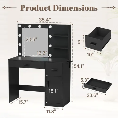 Miniatura 5 de YESHOMY Escritorio de tocador con espejo, 10 luces, toma de corriente y 3 estantes de almacenamiento, mesa de maquillaje con 2 cajones y 1 gabinete