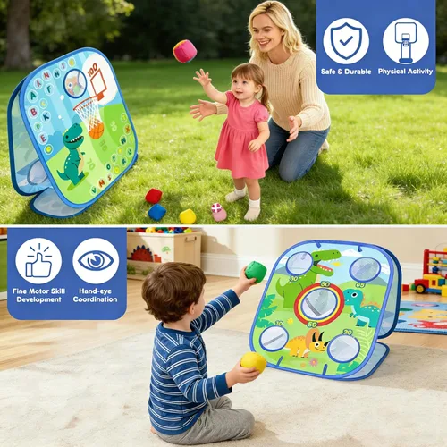 Miniatura 5 de Juego de juegos de cornhole de dinosaurio para niños, juego de lanzamiento de bolsas de frijoles 6 en 1, tablero de dardos de baloncesto