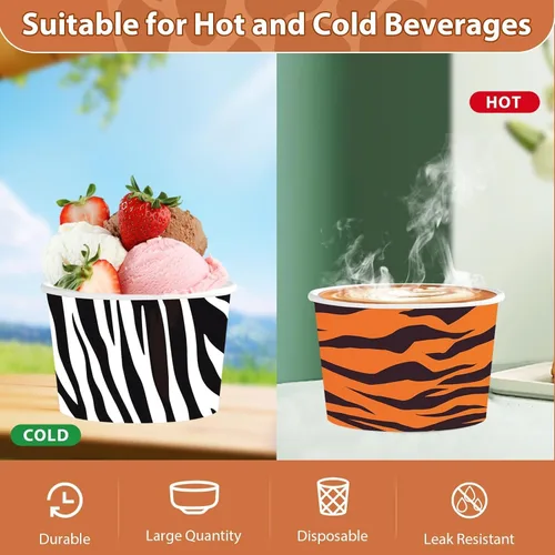Miniatura 4 de 120 tazas desechables de 12 onzas de helado de animales de safari en la selva, leopardo, tigre, cebra, jirafa, papel con estampado de jirafa