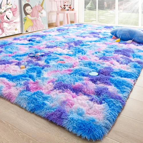 Miniatura 9 de Noahas - Alfombra suave y afelpada para habitación de niña y sala de estar, colorida, decoración para guardería, teñido anudado arcoíris, azul