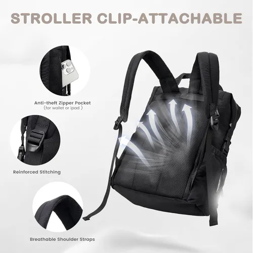 Miniatura 6 de VONAL Mochila para pañales, bolsas ligeras para pañales para bebé, bolsa de pañales grande de viaje con cambiador, mochila de pañales negra
