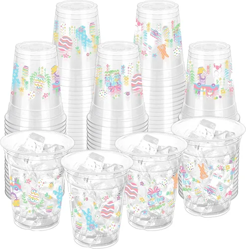 100 vasos de plástico con diseño de conejo de Pascua, vasos desechables transparentes de 12 onzas para Pascua, primavera, fiestas de cumpleaños