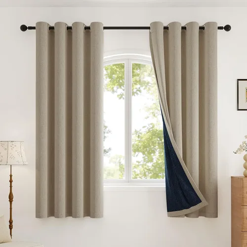Miniatura 12 de Rinwoc - Cortinas 100% opacas gruesas y suaves de 2 paneles para dormitorio, aspecto de lino texturizado, bloqueo total de luz, cortinas