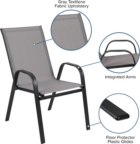Miniatura 4 de Flash Furniture Brazos - Juego de comedor para patio al aire libre de 3 piezas, 2 sillas apilables flexibles color gris, mesa redonda de vidrio