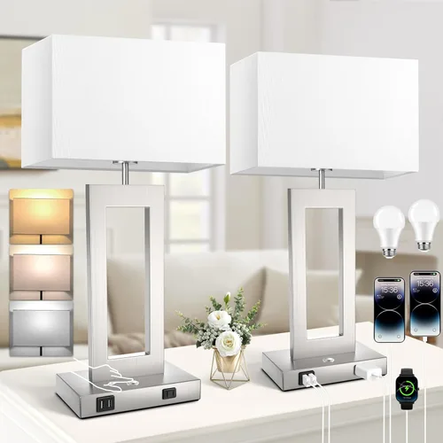 Miniatura 13 de Kondras Juego de 2 lámparas de mesa para dormitorios, 3 temperaturas de color, control táctil, lámparas de noche con 2 puertos USB y salida de CA