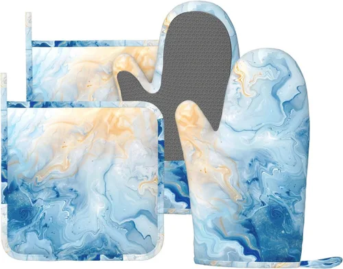 Miniatura 39 de Manoplas de horno y agarradores de ollas de mármol blanco y oro de silicona, accesorios de cocina de 4 piezas, guantes largos resistentes al calor