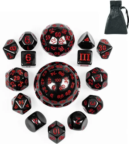 Miniatura 17 de Juego completo de 15 dados poliédricos DND D3-D100 con bolsa de dados de ojo de dragón, dados D100 para juegos de mesa RPG (negro con números azules)