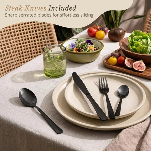 Miniatura 5 de Hiware Juego de cubiertos negros de 48 piezas para cubiertos de acero inoxidable 18/10 con tenedores, cuchillos, cucharas, cuchillos para carne