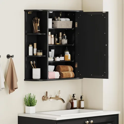 Miniatura 8 de Giantex Armario con espejo de baño, botiquín montado en la pared con puerta de espejo y 4 estantes interiores, 6 estantes abiertos, accesorios