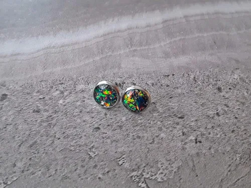 Miniatura 4 de Pendientes de confeti rellenos de ópalo de fuego negro con piedra natal de octubre de acero inoxidable