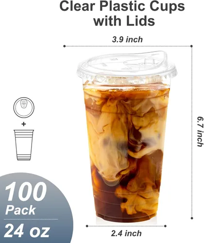 Miniatura 2 de Dealusy Paquete de 100 vasos de plástico transparente de 24 onzas con tapas, resistentes y seguros para alimentos, tazas de café helado con tapas
