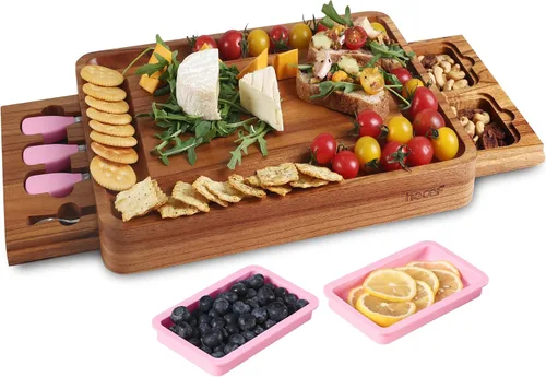 Miniatura 9 de hecef Juego grande de tabla de embutidos rosa con cuchillos de queso de acero inoxidable, juego de tabla de queso, bandeja de aperitivos de madera