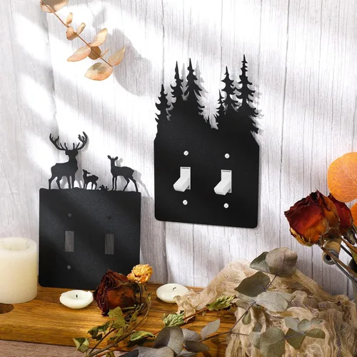 Miniatura 3 de Lothee 6 piezas de placas metálicas para interruptor de luz con diseño de oso, alce, árbol, montaña, alce, bosque, placa de tomacorriente