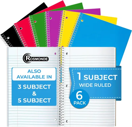 Rosmonde Cuaderno de 1 materia con rayas anchas, paquete de 6, 70 hojas (140 páginas), 8 x 10-1/2, cuadernos perforados de 3 agujeros, papel grueso